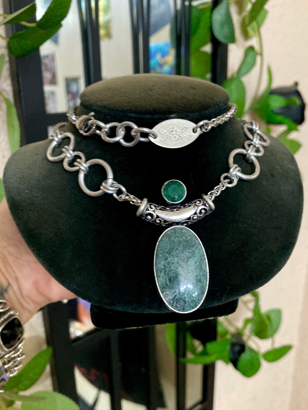 Genuine green emerald & green agate gemstone boho oval medallion charm necklace